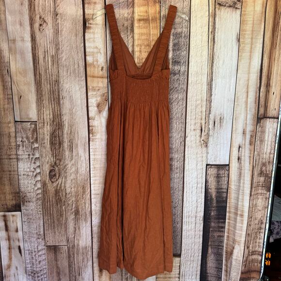 Abercrombie & Fitch Dress Smocked Linen Blend Scrunchy Strap Midi XS Fall NWT - Picture 2 of 9